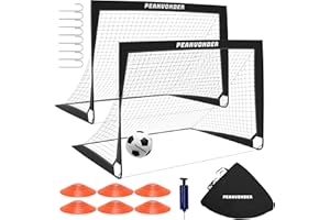 PEAKVONDER Set of 2 Football Goals for Kids, Football Nets for Kids, Goal Posts for Kids Garden with 6 Football Cones, Football, Carry Bag, 120 cm x 90 cm, Portable Pop Up