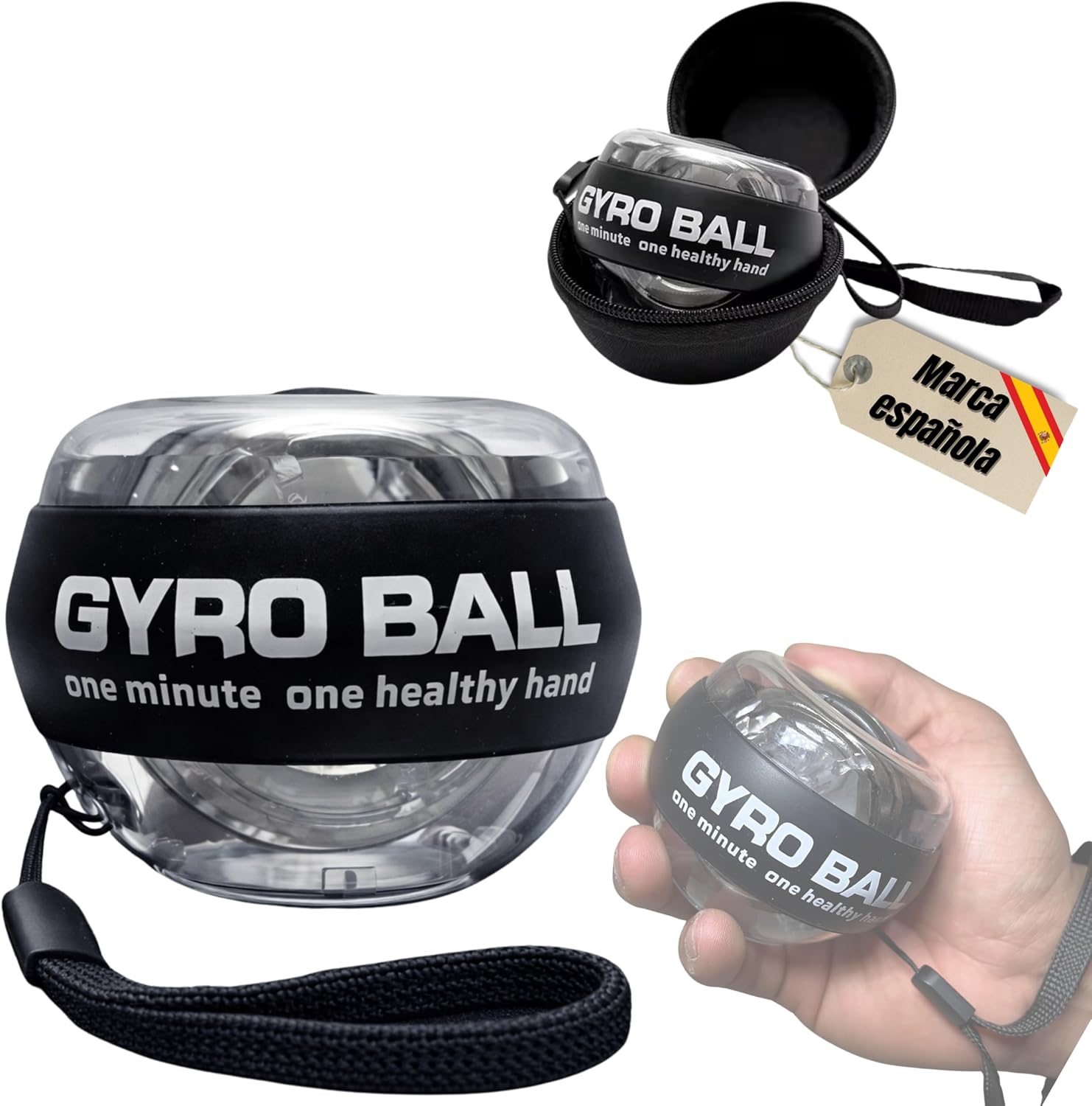 Giroscopio de Mano para Fortalecer Muñeca y Antebrazo PREMIUM PMR SHOP® | Gyro Ball con Inicio Automático y Correa | Ejercitador de Mano Compacto con Funda y Manual