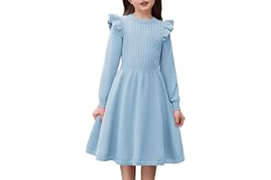 Arshiner Robe Pull Fille Robe Tricotée Automne Hiver Flutter Robe à Manches Longues A-Ligne Plaine Fête Robe Décontractée pour Enfants