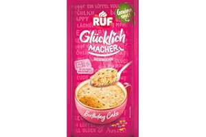 ‎RUF RUF Glücklichmacher Tassenkuchen Birthday Cake, aromatisch-süßer Kuchen mit bunten Konfettis, in 90 Sekunden fertig, einfach mit Milch anrühren, 1 Portion