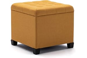 HNNHOME Pouffe Footstool Ottoman Storage Box, 45cm Cube Strong Wooden Frame Linen Living Room Foot stool, Toy Chest, Dressing Stool Seat Chair with Lids for Bedroom (Yellow)