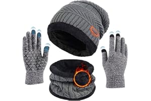 TMEOG Conjunto Gorro Bufanda Guantes Hombre Mujer, Gorro de Invierno Braga Cuello con Forro Polar Guantes de Punto con Pantalla Táctil
