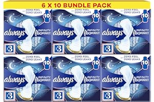 Always Infinity FlexProtect Sanitary Towels, Size 3 Night, 6 Packs of 10 Count, Unscented, for up to Zero Feel & Zero Leaks, Super Absorbent & Flexible Protection