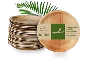 Signature Packaging - Disposable Palm Leaf Plates - Sturdy Medium Round Plates - 8”/20cm, 25 Pack Similar to Bamboo and Wood. Compostable and Biodegradable