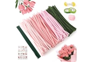 UNBHOLKK Pfeifenreiniger Blumen Set, 300 Stück Pfeifenputzer zum Basteln, Pfeifenreiniger zum Basteln, mit Grüne Bastelfaden, Klebeband, Geschenkpapier für DIY-Kunsthandwerk, Rosa