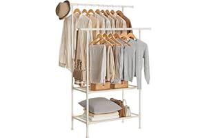 SONGMICS Kleiderständer, Garderobenständer aus Metall, mit 2 Kleiderstangen, 2 Ablagen, bis 70 kg belastbar, einfache Montage, weiß RDR02WT