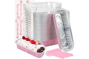 Hikrxya 60 Pack Mini Loaf Baking Pans with Lids and Spoons - 200ml Reusable Rectangular Aluminum Foil Baking Pans with Sealing Sticker for Dessert Bread Wedding Picnic Birthday Party - Pink