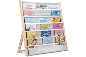 SINBINTA Kinder-Bücherregal, 6 Ebenen, Bücherregal, Aufbewahrung, Ausstellungsregal, einfacher Zugriff, Holzbuch-Organizer mit Tasche für Kinderzimmer und Spielzimmer (Beige)