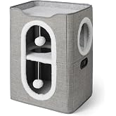 Amazon Basics 2 Tier Cat House for Indoor Cats, Cat Cave Cover with Scratcher and Sponge Ball, Foldable Cube Cat Houses, 17 x