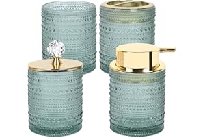 FEILANDUO Bathroom Accessories Set,4Pcs Glass Bathroom Accessories,Vanity Bathroom Decor, Soap Dispenser, Toothbrush Holder Set, Apothecary Jar, Gift for Home Apartment (Green)