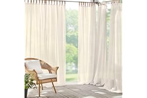 Elrene Home Fashions Darien Weatherproof Tab-Top Sheer Solid Color Indoor/Outdoor Curtain Panel for Porch, Pergola, Patio, Deck, 52”W x 95”L, Ivory