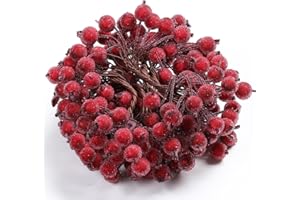 BBTO Künstliche Stechpalmenbeeren, Drahtstiele, künstliche Blumen, Dekoration, 200 Stück, 12 mm, Mini-Weihnachtsfruchtbeeren (dunkelrot), 100 Stück