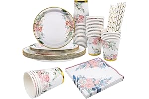 INHEMING zastawa stołowa, 80 sztuk, kwiatowa, jednorazowa zastawa stołowa na urodziny, talerz, kubek do herbaty, papier słomy dla 20 gości