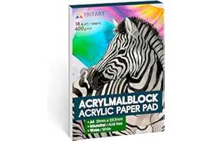 TRITART Bloc de papel acrilico blanco tamaño A4 - Papel para acuarela para tus creaciones artisticas - Bloc pintura de 400g de 18 hojas blancas