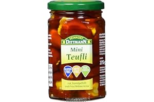 ‎FEINKOST DITTMANN Feinkost Dittmann Mini Teufli - Pfefferonen rot gefüllt mit einer Frischkäsezubereitung Glas, 5er Pack (5 x 275 g)