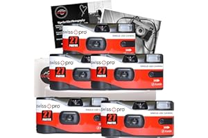 Disposable Camera Bundle with Swiss+Pro Disposable Camera Single-Use Film Cameras with 27 Exposures and Clikoze Disposable Photography Tips Card (5 Pack)