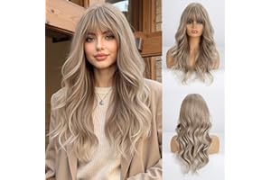 Esmee Peluca Rubio ceniza encantadora, peluca larga para mujer, peluca sintética rizada natural resistente al calor, adecuada para mujeres blancas(con flequillo)- 24 pulgadas