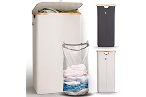 HENNEZ Panier a Linge avec Couvercle - Corbeille a Linge Poignée en Bambou - Paniere a Linge Sale Pliable 100 L - Bac a Linge pour Buanderie,Panier à Linge, Beige