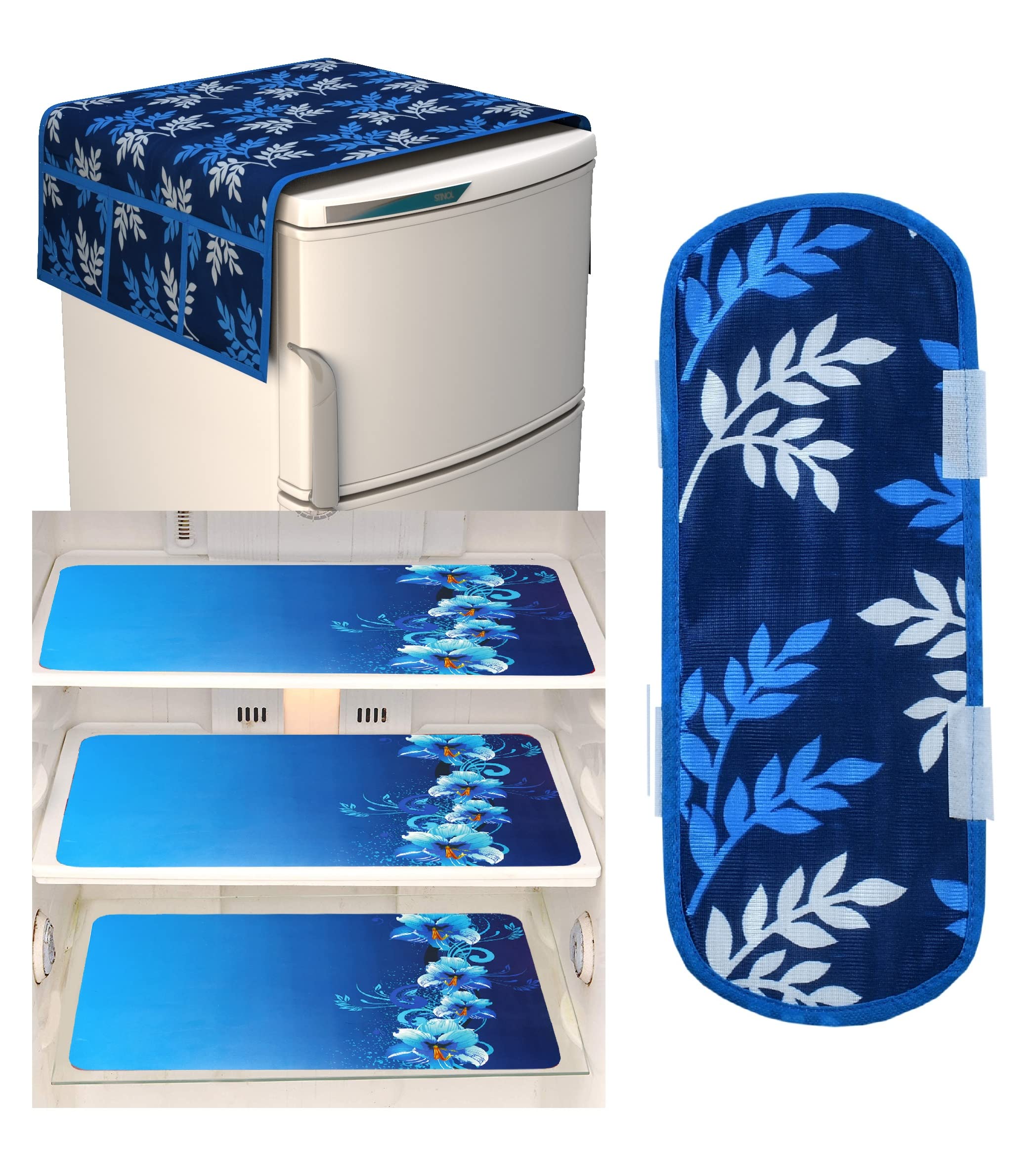 The Endless Store Combo Fridge Top Cover(21 X 39 Inches), Fridge Handle Covers (12 X 6 Inches)+ 3 Fridge Mats (11 X 17 Inches), 5 Piece Set (Blue Leaf 31)