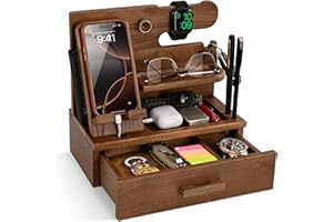 TESLYAR Drewniana stacja dokująca do telefonu z szufladą, organizer na biurko dla męża, prezenty urodzinowe dla mężczyzn, taty, pomysł na rocznicę, stojak na klucze i akcesoria (pustynny beż)