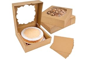 BTSD-home 20 Pack Cake Boxes for 9 Inch Pie 9x9x3 in Biscuit Boxes Cookie Boxes with Window Brownie Boxes Perfect for Pies, Cookies, Cheese Cake, Desserts With 20 Kraft Paper Stickers (Brown)