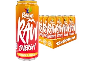 Rubicon RAW 12 Pack Orange & Mango 500ml Energy Drink, 20% Real Fruit Juice, High caffeine with B-Vitamins, Ginseng & Guarana, No Artificial Colours or Flavours, Reduce Tiredness & Boost Energy