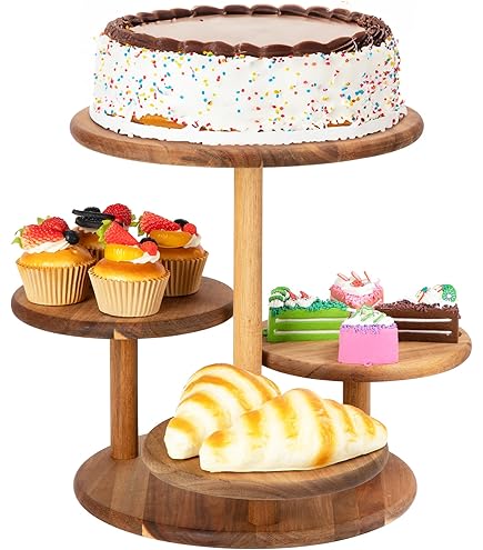 Set Présentation à Gâteau En Bois D'acacia (6 Pièces) - Présentoir à Cupcakes 3 Niveaux + Plateaux - Pour Fêtes, Mariages