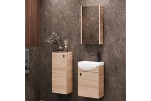Planetmöbel Set di mobili da bagno lavabo con mobiletto 40 x 60 x 29 cm con armadio a specchio 40 cm e mobiletto midi per bagno e WC ospiti, rovere Sonoma