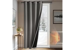 DWCN Rideau Thermiques Isolant Anti Froid et Chaleur,Double 100% Occultant Epais Rideaux de Porte Oeillets, Gris, 132 x 215 CM, Lot de 1