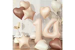 GOVPY 14 Luftballons Zahl Beige Set, Aprikose Ballon 14. Geburtstag Deko für Mädchen, Neutraler Creme Kaffee Nude Herzballons Helium Braun Stern Folienballon für 14 Geburtstagsdeko Jubiläum Party Dekoration