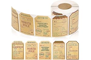 ANGUXER Etiquetas regalo Navidad, 300 pcs etiquetas autoadhesivas Navideñas, pegatinas Navidad regalos, kraft natural marrón de santa polo norte pegatinas de etiquetas de regalo