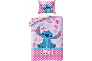 HALANTEX Disney Lilo e Stitch – Juego de cama con funda nórdica individual reversible de 140 x 200 cm y funda de almohada de 70 x 90 cm – Rosa multicolor – 100% algodón OEKO-TEX