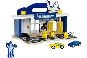 Klein Theo 3403 MICHELIN Service Station with 2 cars, wood I Incl. lifting platform and fuel pumps I Compatible with wooden tracks I Toy for children from 3 years