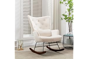 HomeMiYN Velvet Rocking Chair for Nursery Tufted Buttoned Reading Chair With Soft Lumbar and Wood Legs Recliner Relaxing Chair for Balcony Living Room Bedroom (Beige)