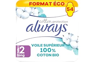 Always Cotton Protection Serviettes Hygiéniques, Taille 2, Long, 54 Serviettes Hygiéniques Avec Ailettes, Flux Modérés Jour, Format Eco, Voile 100% Coton Bio, Sans Parfum, Emballage papier recyclable