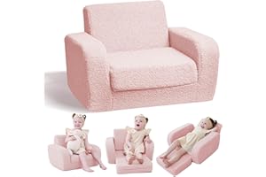 KidBloom 3 in 1 Kids Sofa Bed, Pink Foldable Toddler Chair, Plush Baby Sofa, Baby Chairs 1 Year Old