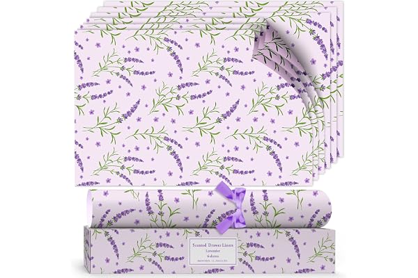 Doft-Hi lavendel lådfoder och foderpapper, 6 ark, 50 x 36,5 cm | Lakan kan trimmas för att passa lådor, garderober och hyllor, med lavendeldoft för förvaring av kläder