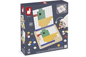 Janod - Symmetry & Coding - 4 Play Modes - 12 Models to Reproduce - Ideal for Kindergarten and Early Section Preparation - Educational Toy for Children - FSC Wooden Product - From 5 years - J05093