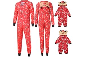 VIUNYCHN Weihnachten Schlafanzug Familie mit Reißverschluss Einteiler Nachtwäsche Kapuze Overall Hausanzug Kuschelig Eltern Kind Hausanzug Christmas Elchdruck Pyjamas Set Weihnachtsschlafanzüge @1