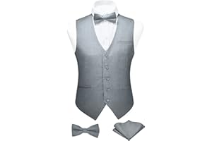 FAIMO Mens Waistcoat Solid Color Waistcoat with Bowtie Pocket Square Set Wedding Party Formal Vest Suit Set XS-4XL