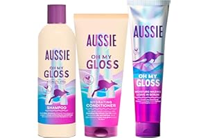 Aussie Oh My Gloss Champú 300ml + Acondicionador 200ml + Sérum Sin Aclarado 160ml. Hidrata Profundamente el Pelo Seco y Apagado