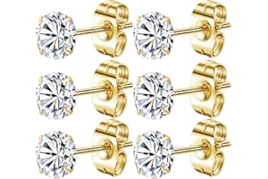 Mochity 6 paires Boucle d'Oreille Femme Homme, Boucle d'Oreille Acier Inoxydable, Hypoallergénique Boucles d'Oreilles Plaquées Or 14K, Boucle d'Oreille Argent Or En Zirconium