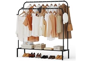 JOISCOPE Rieles de Ropa de Metal,125.5 * 164cm Rieles de Ropa para Dormitorio con 2 Rieles para Colgar Ropa,4 Estantes y 2 capas para Almacenaje de Zapatos y Ropa,Negro