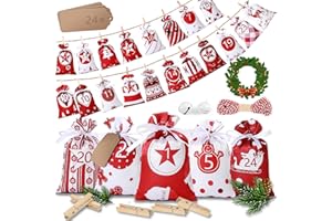 Yeerain Calendario de Adviento,24 Bolsas de Calendario Navideño Adviento Bolsa de Regalo Bolsas con Cordón para Rellenar DIY Bolsa para Regalo Navidad Bolsas Sorpresa de Navidad Bolsa de Dulces