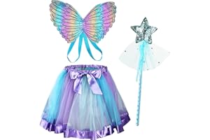 AUYAO Kostium wróżki dla dziewczynek, sukienka księżniczki motyla wróżki, 3 szt. skrzydełka motyli dla dzieci, ze spódnicą tutu, wróżka skrzydełka, pałeczki, dzieci motyle skrzydła karnawałowe cosplay