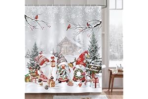 Bonhause Zasłona prysznicowa gnomy Boże Narodzenie sosna śnieg kardynał zima zasłona do kąpieli tkanina poliestrowa odporna na pleśń wodoodporna zmywalna zasłona łazienkowa 180 x 180 cm z 12 haczykami
