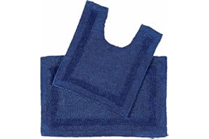 HOMESCAPES Bath Mat Set, Luxury 1600gsm Extra Soft 100% Cotton, Reversible Bathroom Mat Sets 2 Piece, Washable, Non-Slip, Super Absorbent, Quick-Dry, Navy Blue Bathroom Rug with Toilet Rug