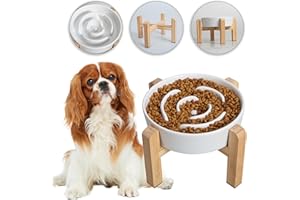 PTOBER Gamelle Anti-Glouton Surélevée pour Chien - Bol en Céramique avec Support en Bambou - Idéale pour Chiens de Petite et Moyenne Taille - Blanc - 17 cm