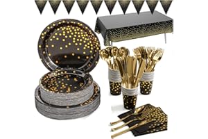 Riverhighfur Noir et Or Vaisselle de Fête 142 Pcs Vaisselle Papier Set-Assiettes en Papier,Serviettes,Tasses,Nappe,Bannière Enfants Party Fête Mariages Baby Shower Noël,20 invités