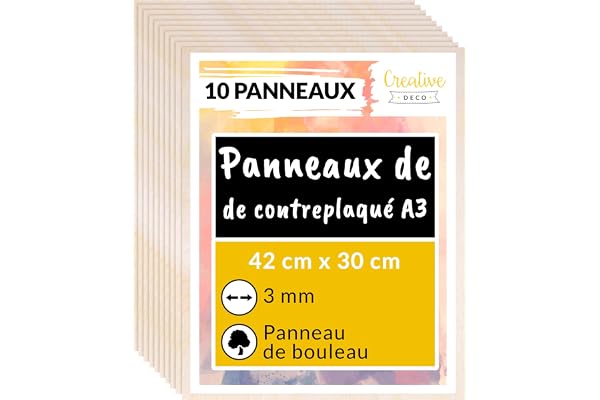 Creative Deco 10 x A3 Contreplaqué 3mm | 420 x 300 x 3mm (+/- 2mm) | Planche Bois Brut Bouleau | Panneau Feuille Découpe Laser | Bois pour Pyrogravure, Gravure, Cricut, Maquette